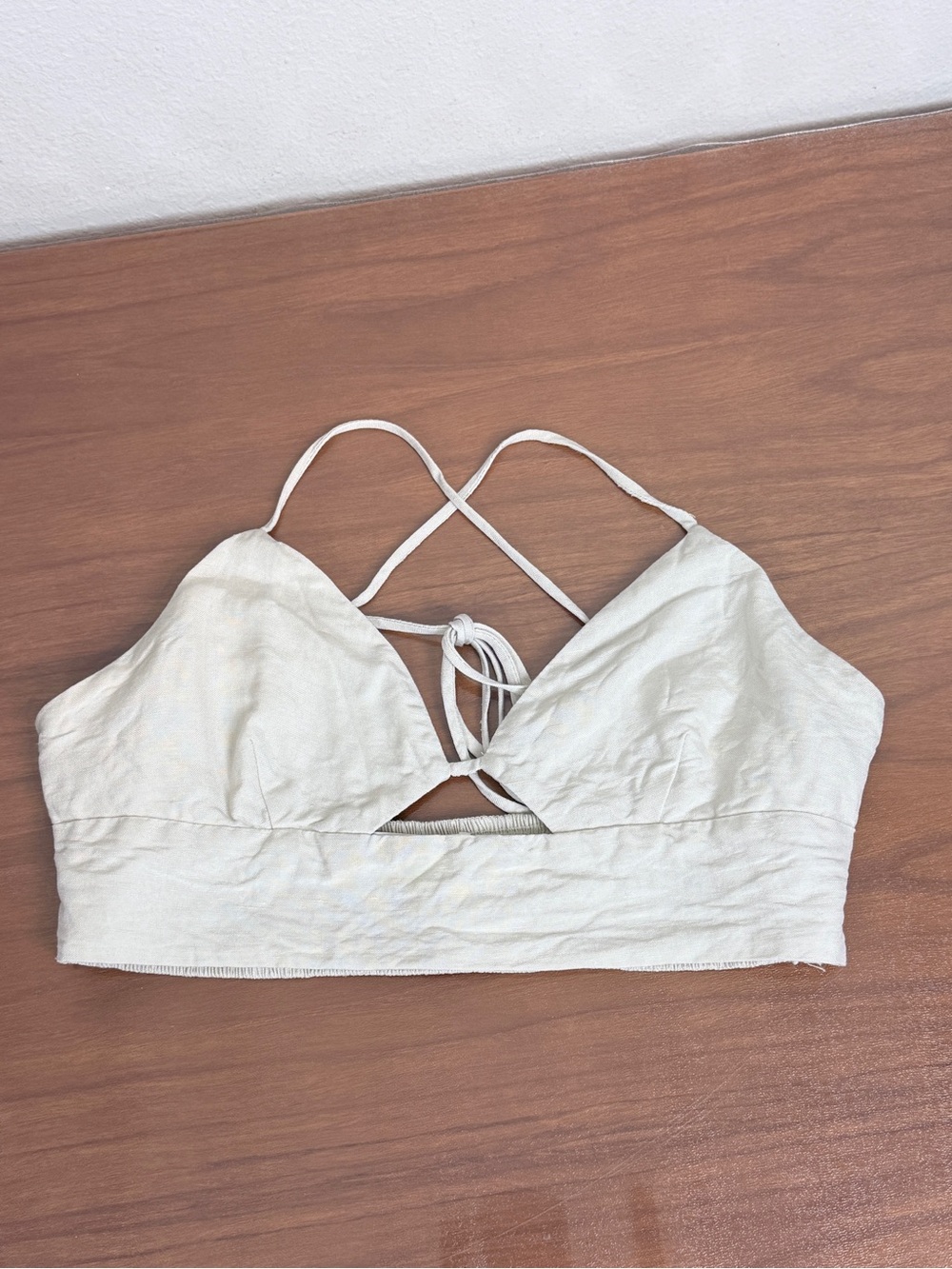 Astr Ecru Linen-Blend Cross-Back Bralette Camisole M